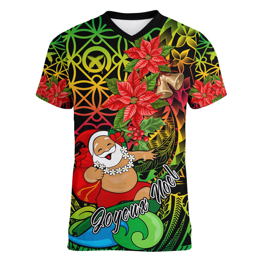 Personalised Vanuatu Joyeux Noel Women V Neck T Shirt Christmas Santas God Yumi LT9 Female Reggae - Polynesian Pride