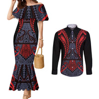 Custom New Zealand Couples Matching Mermaid Dress and Long Sleeve Button Shirt Maori Kiwiana Pattern Tukutuku Motif LT9 Red - Polynesian Pride