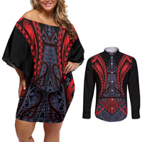Custom New Zealand Couples Matching Off Shoulder Short Dress and Long Sleeve Button Shirt Maori Kiwiana Pattern Tukutuku Motif LT9 Red - Polynesian Pride