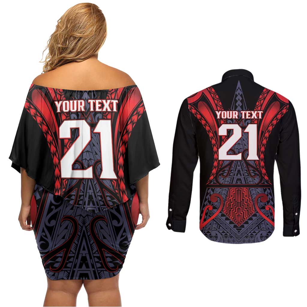 Custom New Zealand Couples Matching Off Shoulder Short Dress and Long Sleeve Button Shirt Maori Kiwiana Pattern Tukutuku Motif LT9 - Polynesian Pride