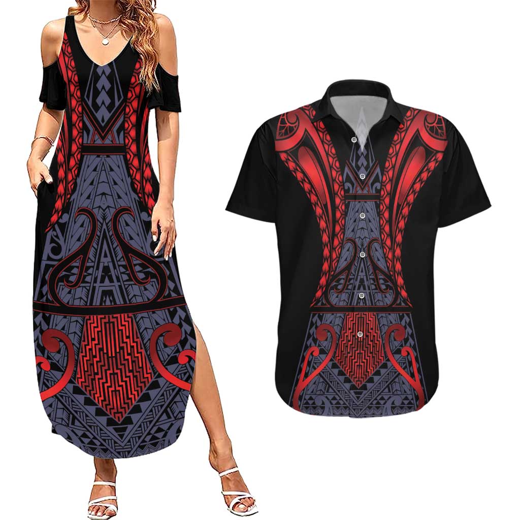 Custom New Zealand Couples Matching Summer Maxi Dress and Hawaiian Shirt Maori Kiwiana Pattern Tukutuku Motif LT9 Red - Polynesian Pride