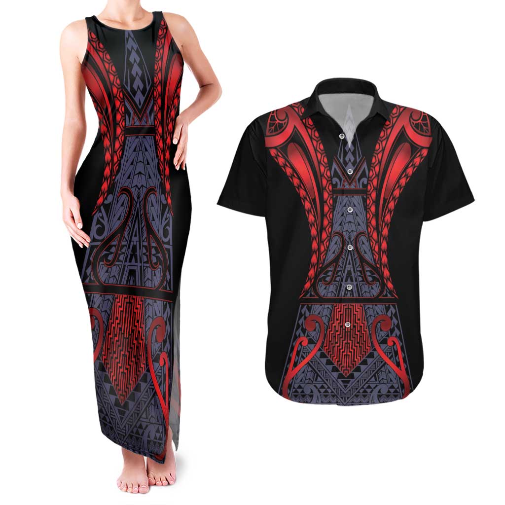 Custom New Zealand Couples Matching Tank Maxi Dress and Hawaiian Shirt Maori Kiwiana Pattern Tukutuku Motif LT9 Red - Polynesian Pride