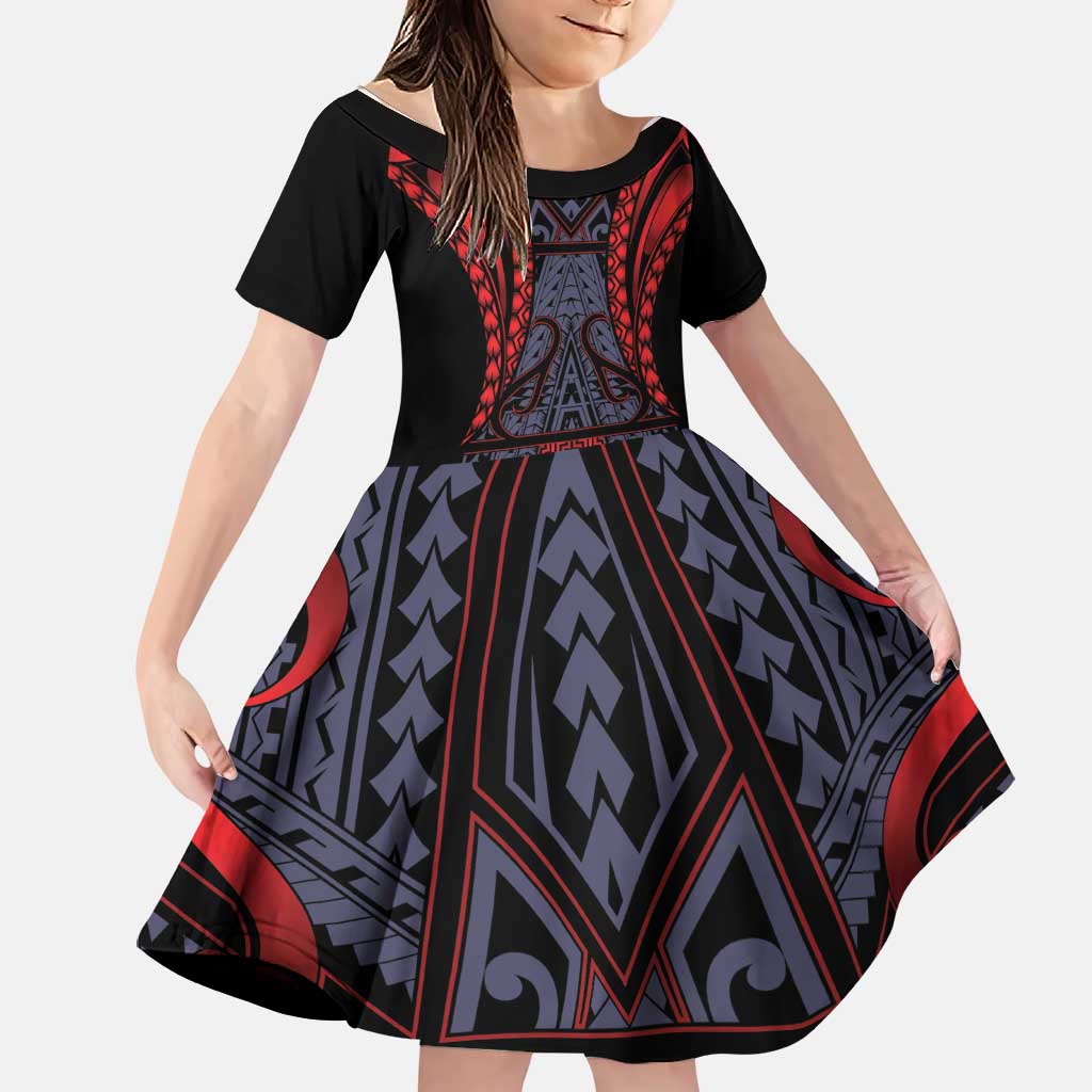 Custom New Zealand Family Matching Short Sleeve Bodycon Dress and Hawaiian Shirt Maori Kiwiana Pattern Tukutuku Motif LT9 Daughter's Dress Red - Polynesian Pride