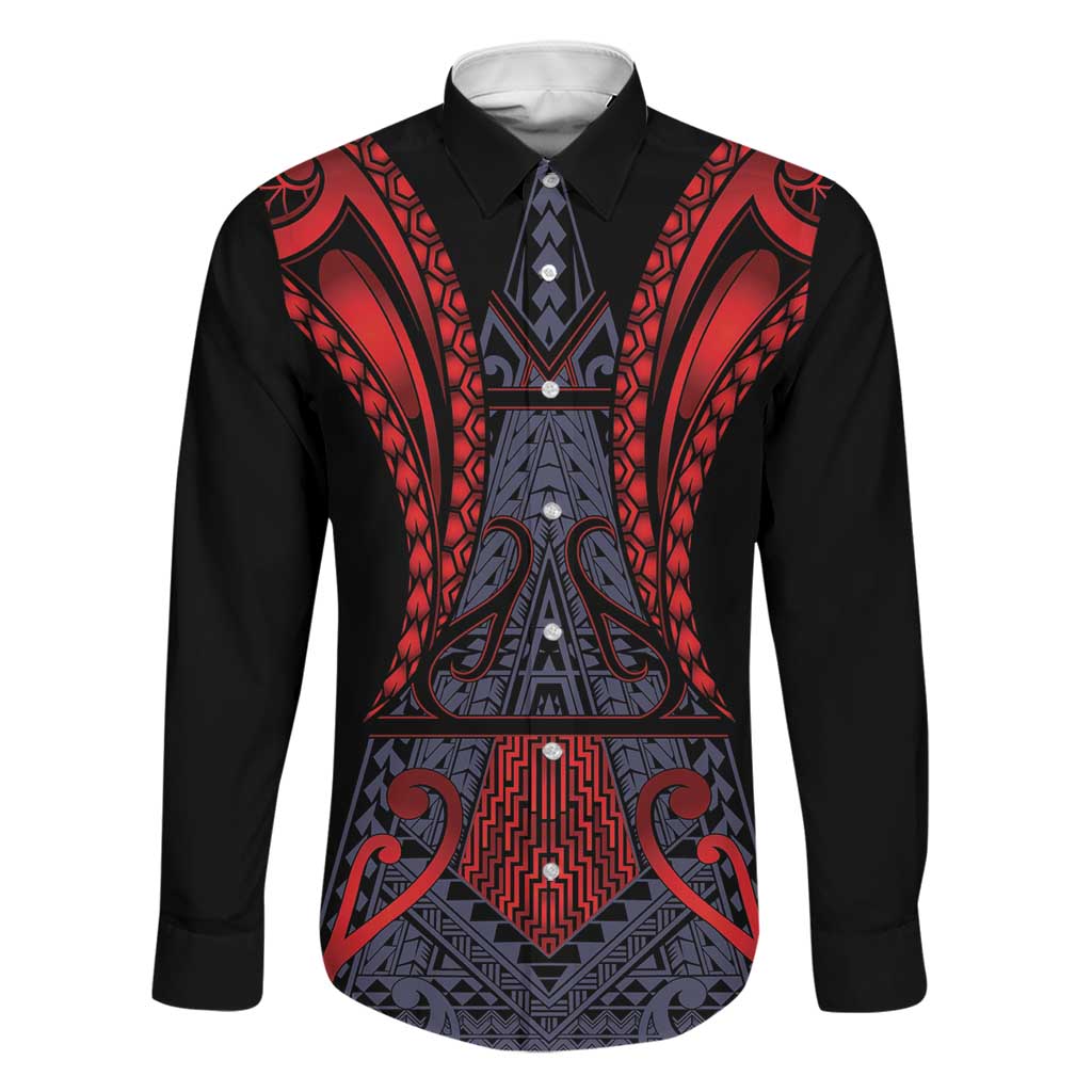 Custom New Zealand Family Matching Tank Maxi Dress and Hawaiian Shirt Maori Kiwiana Pattern Tukutuku Motif LT9 Dad's Shirt - Long Sleeve Red - Polynesian Pride