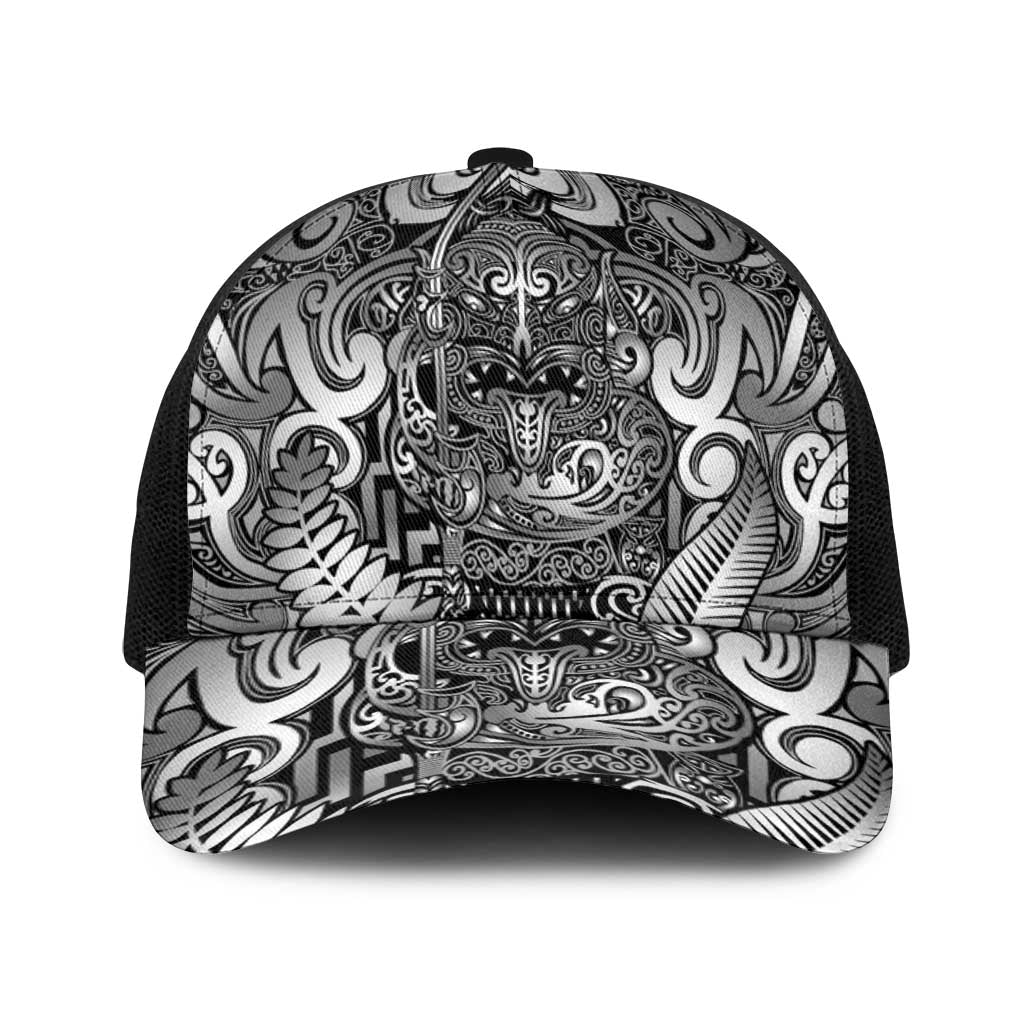 New Zealand Taiaha Maori Baseball Net Cap Kiwikiwi Minimalist Silver Fern Tukutuku Motif LT9 One Size Black White - Polynesian Pride