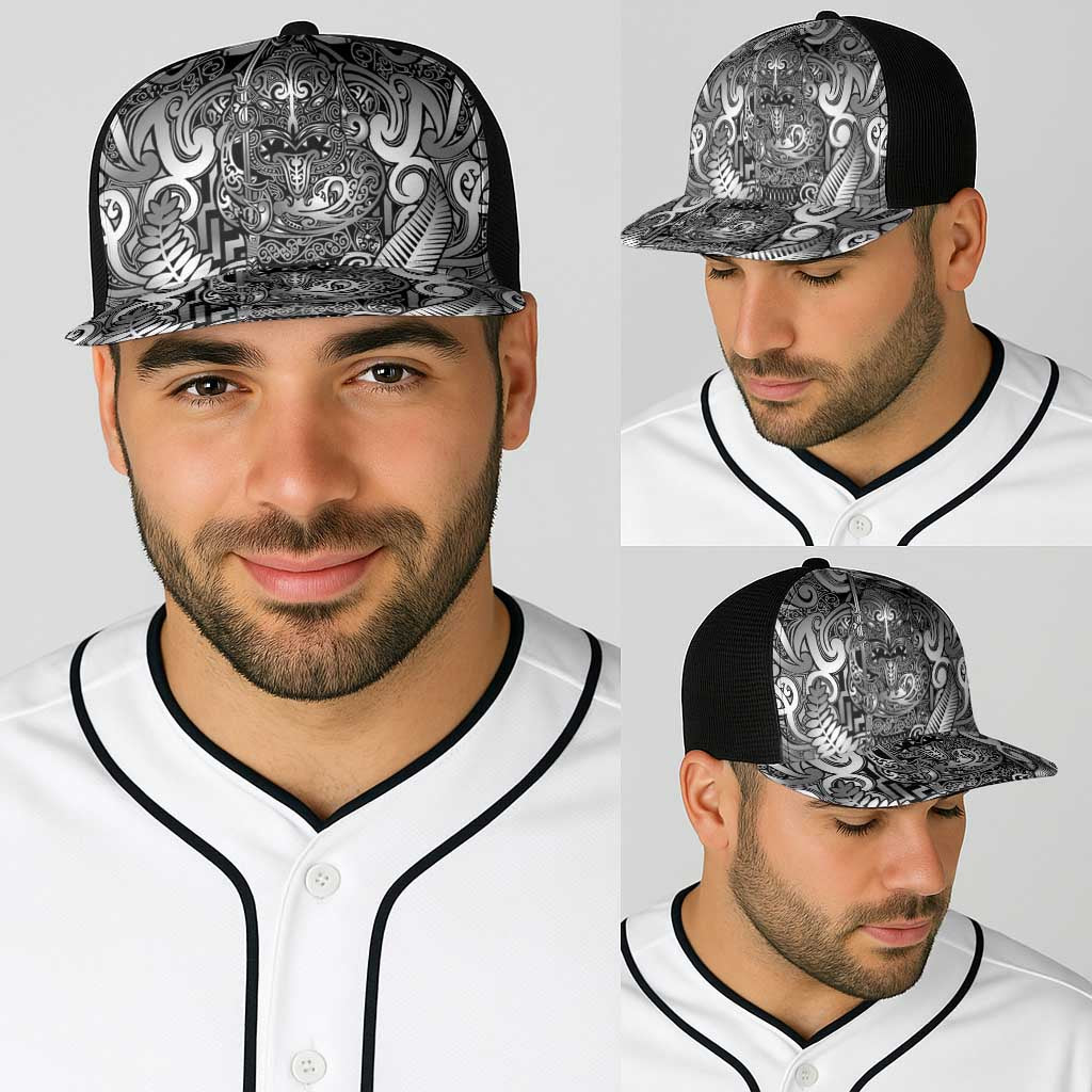 New Zealand Taiaha Maori Baseball Net Cap Kiwikiwi Minimalist Silver Fern Tukutuku Motif LT9 - Polynesian Pride