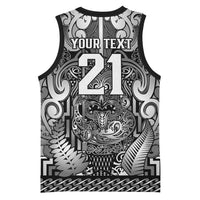 Custom New Zealand Taiaha Maori Basketball Jersey Kiwikiwi Minimalist Silver Fern Tukutuku Motif LT9 - Polynesian Pride
