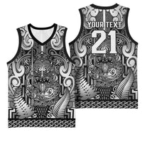 Custom New Zealand Taiaha Maori Basketball Jersey Kiwikiwi Minimalist Silver Fern Tukutuku Motif LT9 - Polynesian Pride