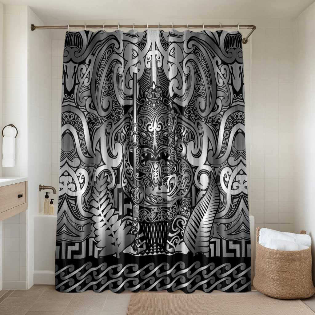 New Zealand Taiaha Maori Bathroom Set Kiwikiwi Minimalist Silver Fern Tukutuku Motif LT9 Shower Curtain Only White - Polynesian Pride