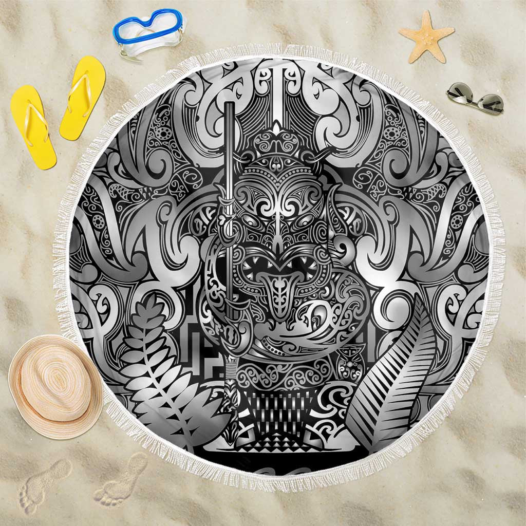 New Zealand Taiaha Maori Beach Blanket Kiwikiwi Minimalist Silver Fern Tukutuku Motif LT9 One Size 150cm White - Polynesian Pride