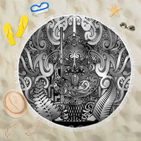 New Zealand Taiaha Maori Beach Blanket Kiwikiwi Minimalist Silver Fern Tukutuku Motif LT9 One Size 150cm White - Polynesian Pride