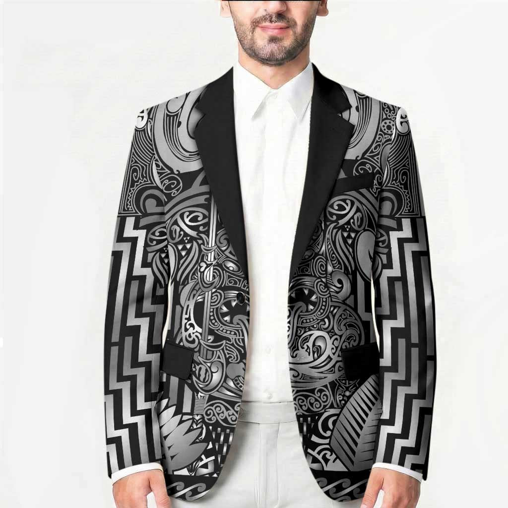 Custom New Zealand Taiaha Maori Blazer Kiwikiwi Minimalist Silver Fern Tukutuku Motif LT9 - Polynesian Pride