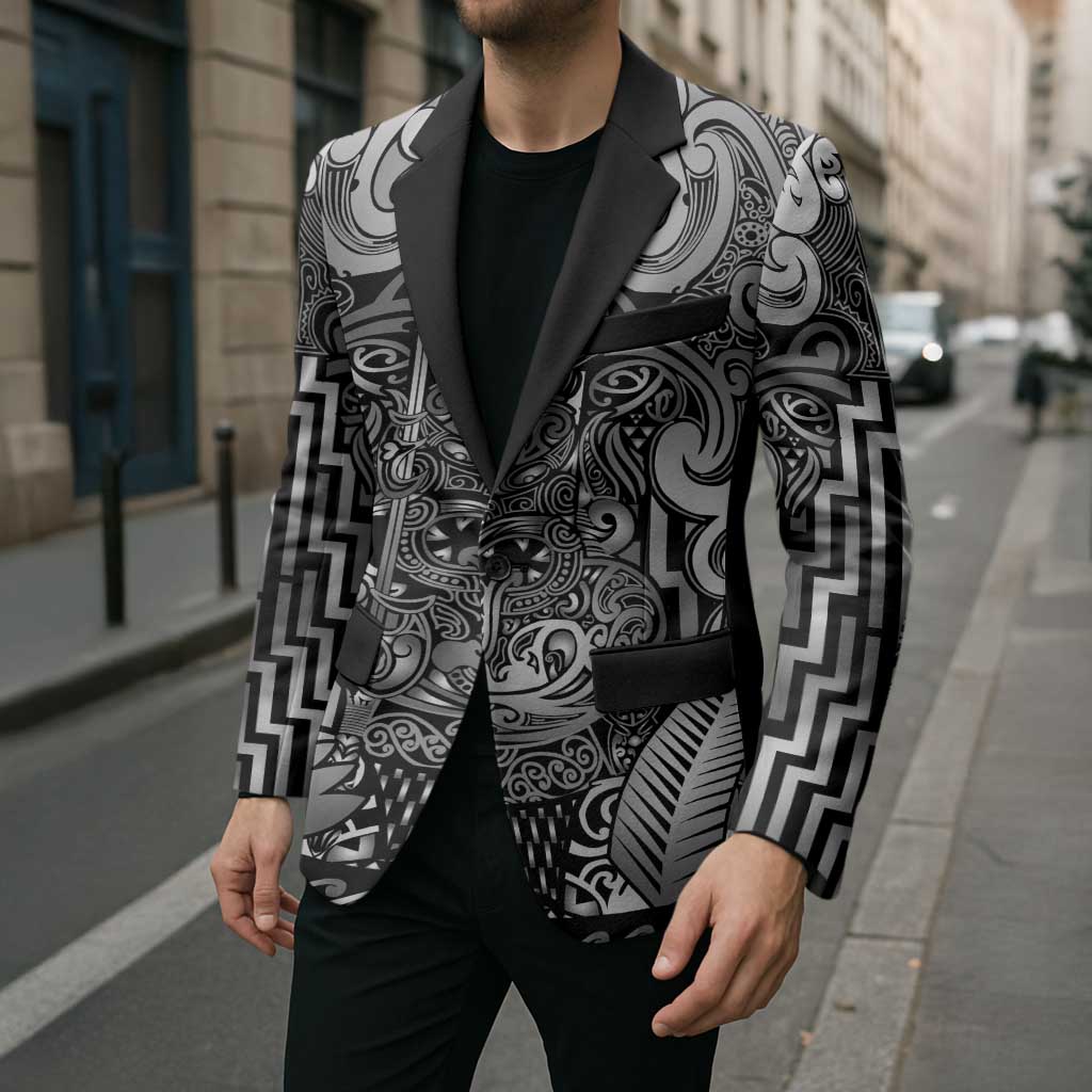 Custom New Zealand Taiaha Maori Blazer Kiwikiwi Minimalist Silver Fern Tukutuku Motif LT9 - Polynesian Pride