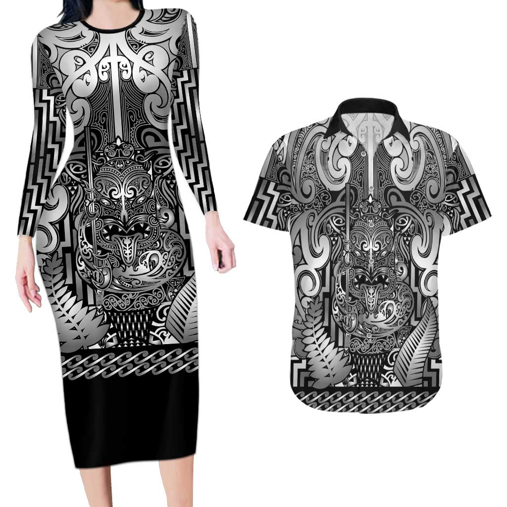 Custom New Zealand Taiaha Maori Couples Matching Long Sleeve Bodycon Dress and Hawaiian Shirt Kiwikiwi Minimalist Silver Fern Tukutuku Motif LT9 White - Polynesian Pride