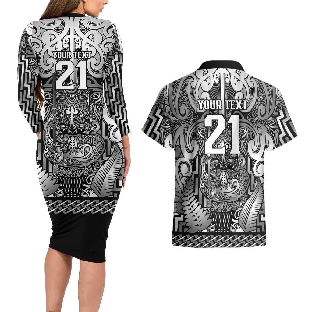 Custom New Zealand Taiaha Maori Couples Matching Long Sleeve Bodycon Dress and Hawaiian Shirt Kiwikiwi Minimalist Silver Fern Tukutuku Motif LT9 - Polynesian Pride