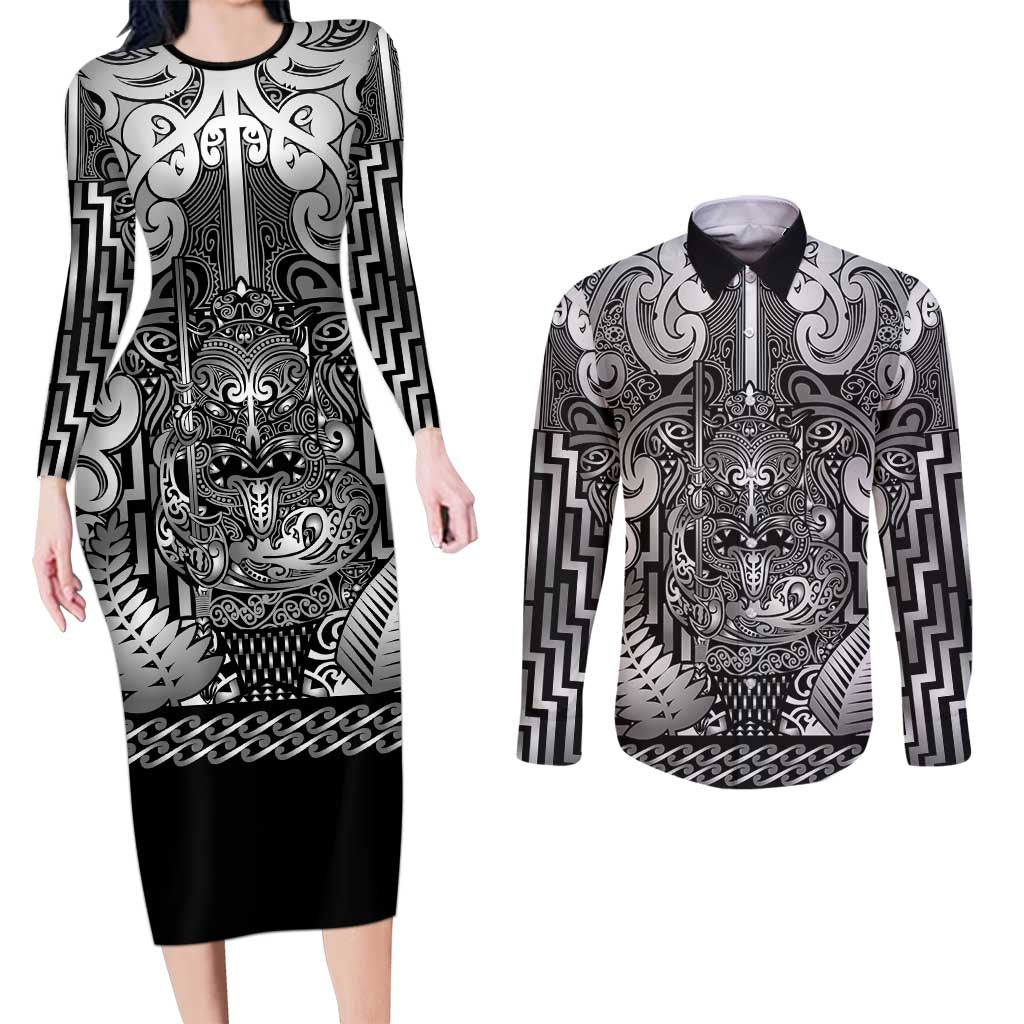 Custom New Zealand Taiaha Maori Couples Matching Long Sleeve Bodycon Dress and Long Sleeve Button Shirt Kiwikiwi Minimalist Silver Fern Tukutuku Motif LT9 White - Polynesian Pride