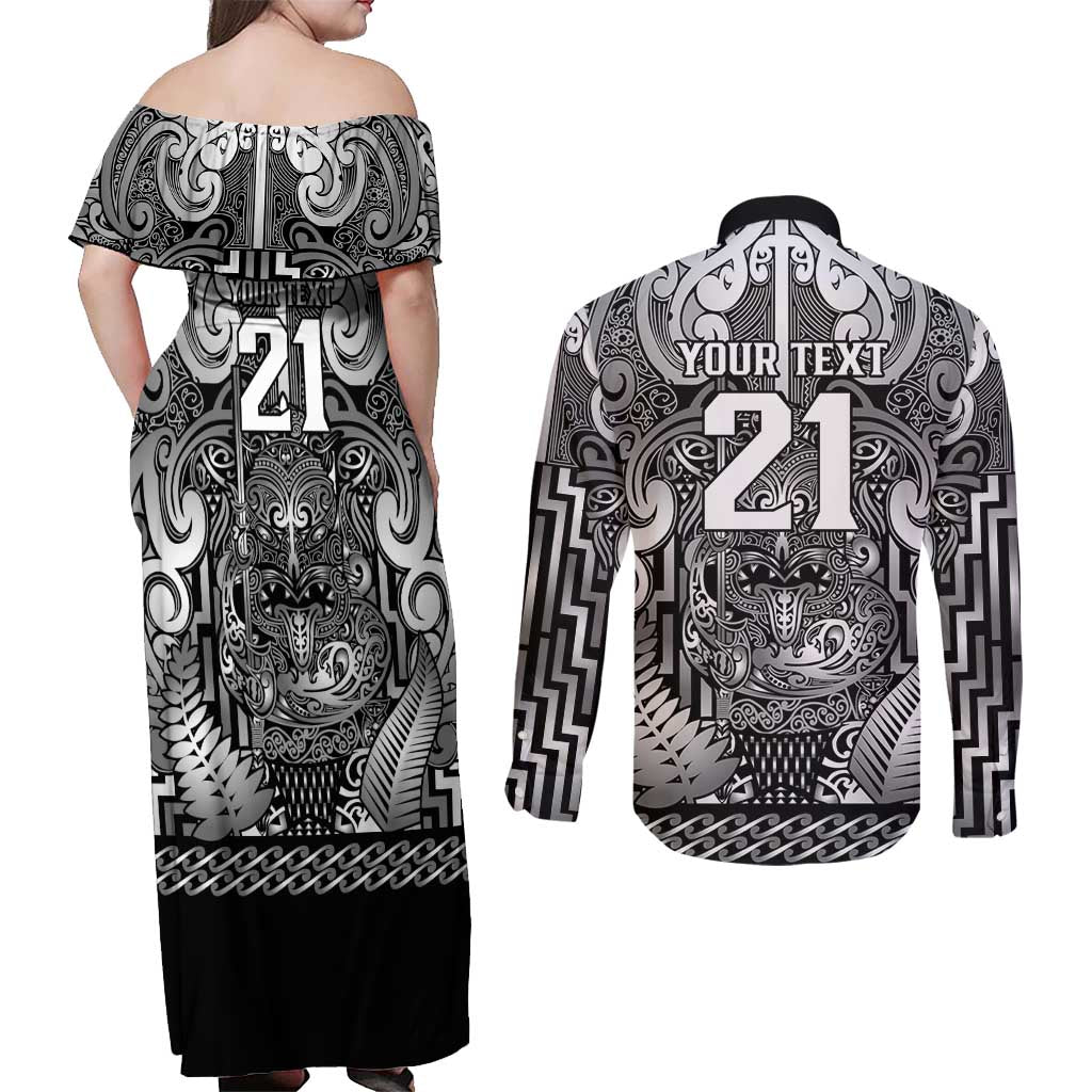 Custom New Zealand Taiaha Maori Couples Matching Off Shoulder Maxi Dress and Long Sleeve Button Shirt Kiwikiwi Minimalist Silver Fern Tukutuku Motif LT9 - Polynesian Pride