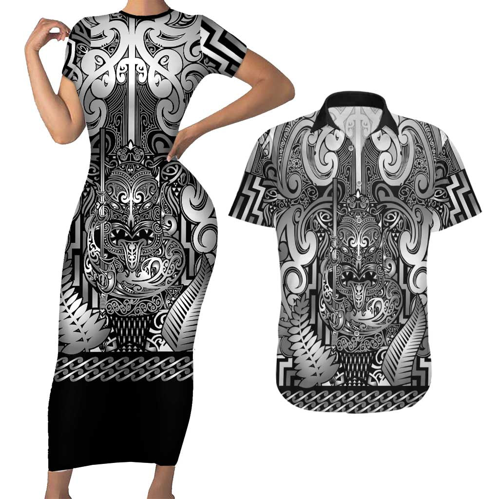 Custom New Zealand Taiaha Maori Couples Matching Short Sleeve Bodycon Dress and Hawaiian Shirt Kiwikiwi Minimalist Silver Fern Tukutuku Motif LT9 White - Polynesian Pride