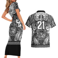 Custom New Zealand Taiaha Maori Couples Matching Short Sleeve Bodycon Dress and Hawaiian Shirt Kiwikiwi Minimalist Silver Fern Tukutuku Motif LT9 - Polynesian Pride