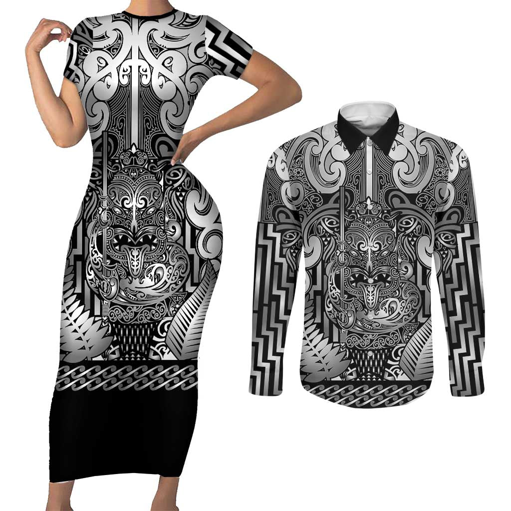 Custom New Zealand Taiaha Maori Couples Matching Short Sleeve Bodycon Dress and Long Sleeve Button Shirt Kiwikiwi Minimalist Silver Fern Tukutuku Motif LT9 White - Polynesian Pride