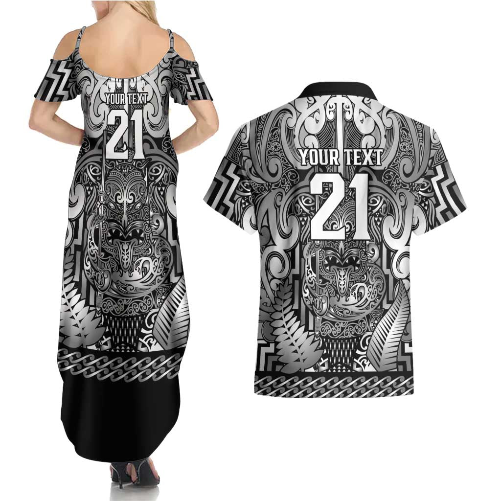 Custom New Zealand Taiaha Maori Couples Matching Summer Maxi Dress and Hawaiian Shirt Kiwikiwi Minimalist Silver Fern Tukutuku Motif LT9 - Polynesian Pride