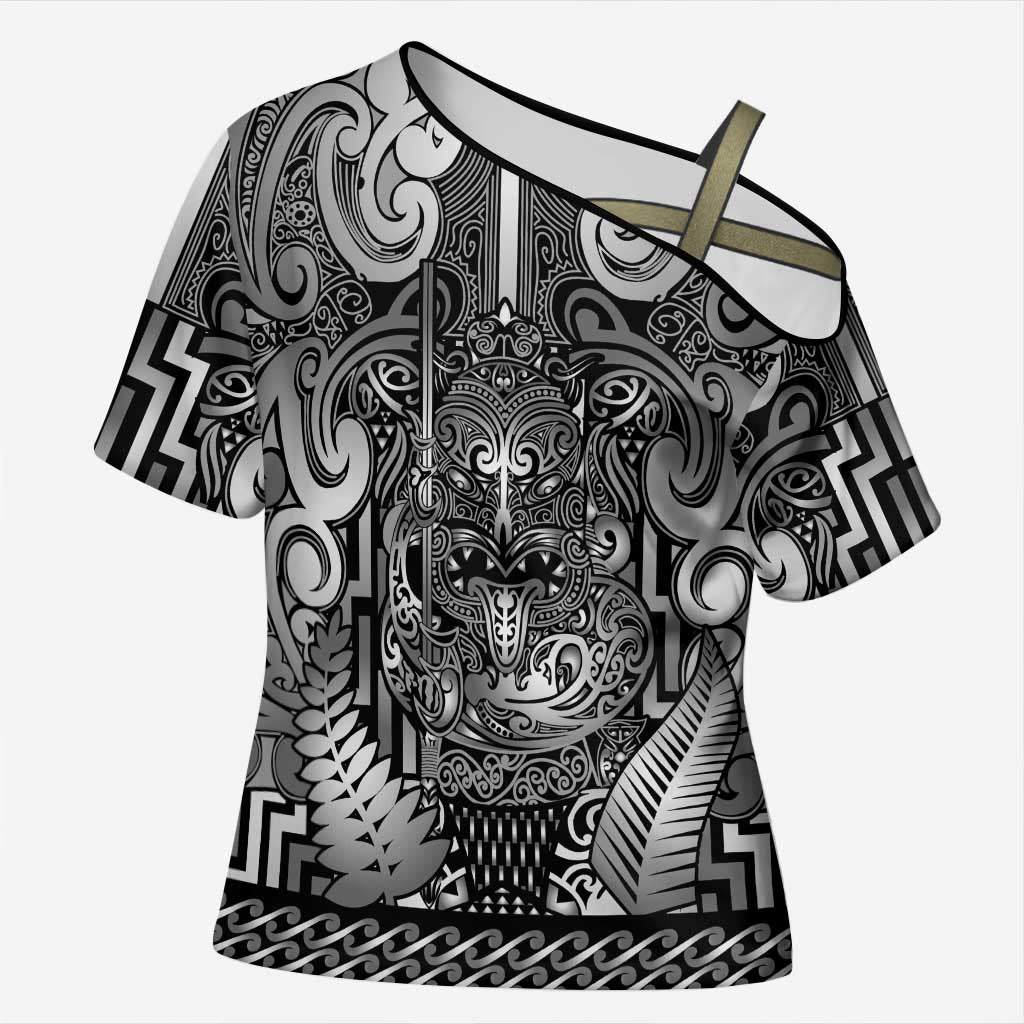 Custom New Zealand Taiaha Maori Cross Shoulder Shirt Kiwikiwi Minimalist Silver Fern Tukutuku Motif LT9 Female White - Polynesian Pride