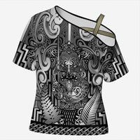 Custom New Zealand Taiaha Maori Cross Shoulder Shirt Kiwikiwi Minimalist Silver Fern Tukutuku Motif LT9 Female White - Polynesian Pride