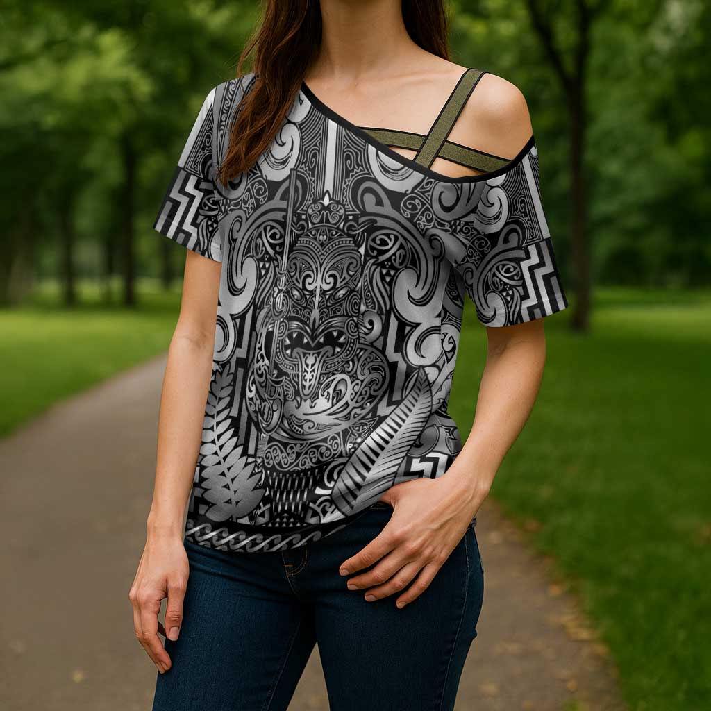 Custom New Zealand Taiaha Maori Cross Shoulder Shirt Kiwikiwi Minimalist Silver Fern Tukutuku Motif LT9 - Polynesian Pride