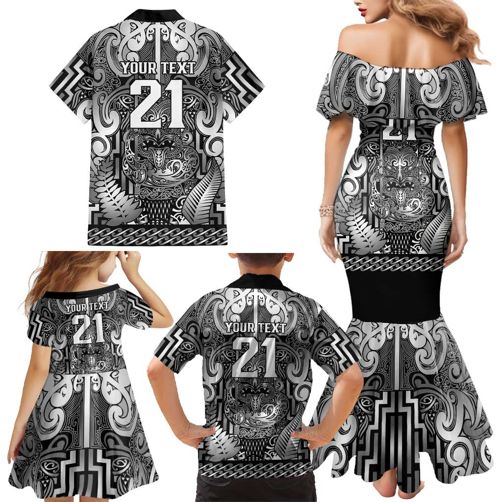 Custom New Zealand Taiaha Maori Family Matching Mermaid Dress and Hawaiian Shirt Kiwikiwi Minimalist Silver Fern Tukutuku Motif LT9 - Polynesian Pride
