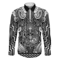 Custom New Zealand Taiaha Maori Family Matching Off The Shoulder Long Sleeve Dress and Hawaiian Shirt Kiwikiwi Minimalist Silver Fern Tukutuku Motif LT9 Dad's Shirt - Long Sleeve White - Polynesian Pride