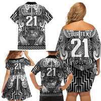 Custom New Zealand Taiaha Maori Family Matching Off Shoulder Short Dress and Hawaiian Shirt Kiwikiwi Minimalist Silver Fern Tukutuku Motif LT9 - Polynesian Pride