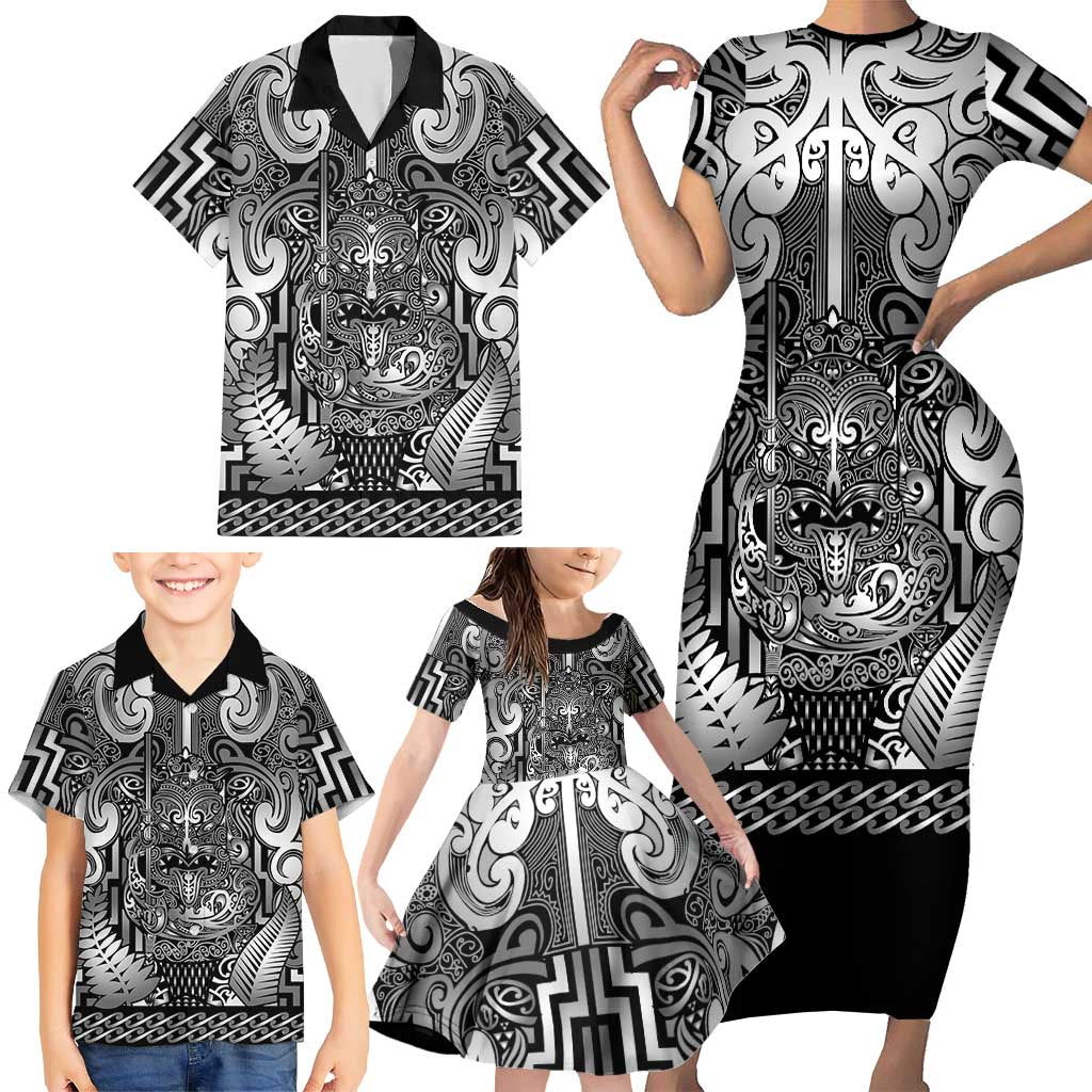 Custom New Zealand Taiaha Maori Family Matching Short Sleeve Bodycon Dress and Hawaiian Shirt Kiwikiwi Minimalist Silver Fern Tukutuku Motif