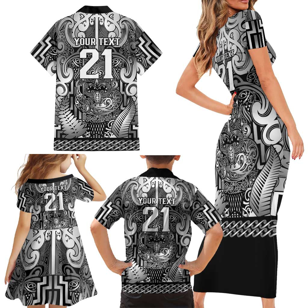 Custom New Zealand Taiaha Maori Family Matching Short Sleeve Bodycon Dress and Hawaiian Shirt Kiwikiwi Minimalist Silver Fern Tukutuku Motif LT9 - Polynesian Pride