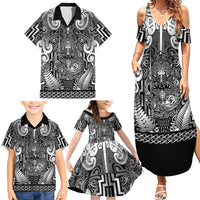 Custom New Zealand Taiaha Maori Family Matching Summer Maxi Dress and Hawaiian Shirt Kiwikiwi Minimalist Silver Fern Tukutuku Motif LT9 - Polynesian Pride