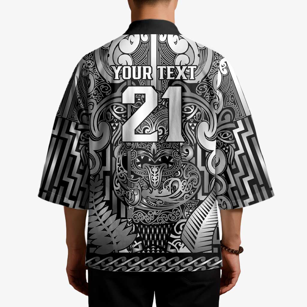 Custom New Zealand Taiaha Maori Kimono Kiwikiwi Minimalist Silver Fern Tukutuku Motif LT9 - Polynesian Pride