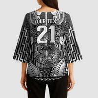 Custom New Zealand Taiaha Maori Kimono Sleeve Blouse Kiwikiwi Minimalist Silver Fern Tukutuku Motif LT9 - Polynesian Pride