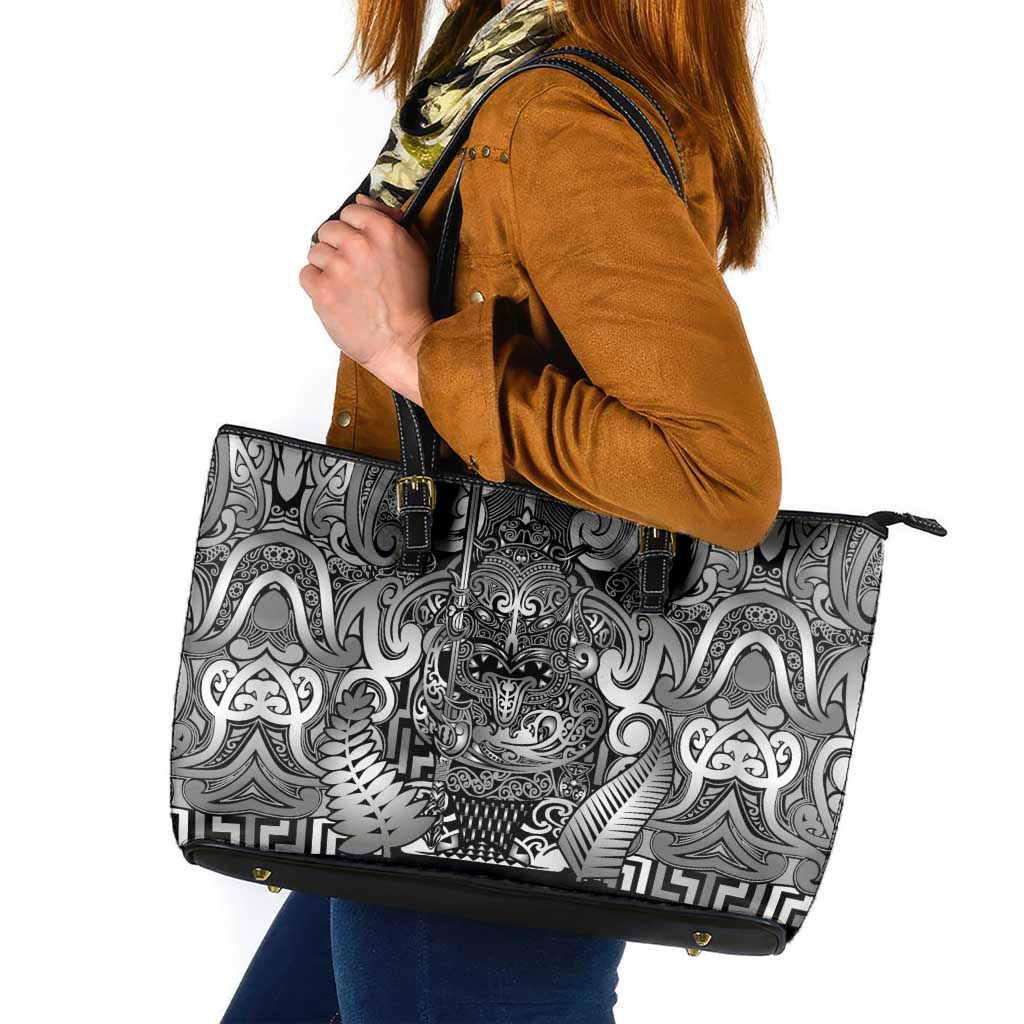 New Zealand Taiaha Maori Leather Tote Bag Kiwikiwi Minimalist Silver Fern Tukutuku Motif LT9 White - Polynesian Pride