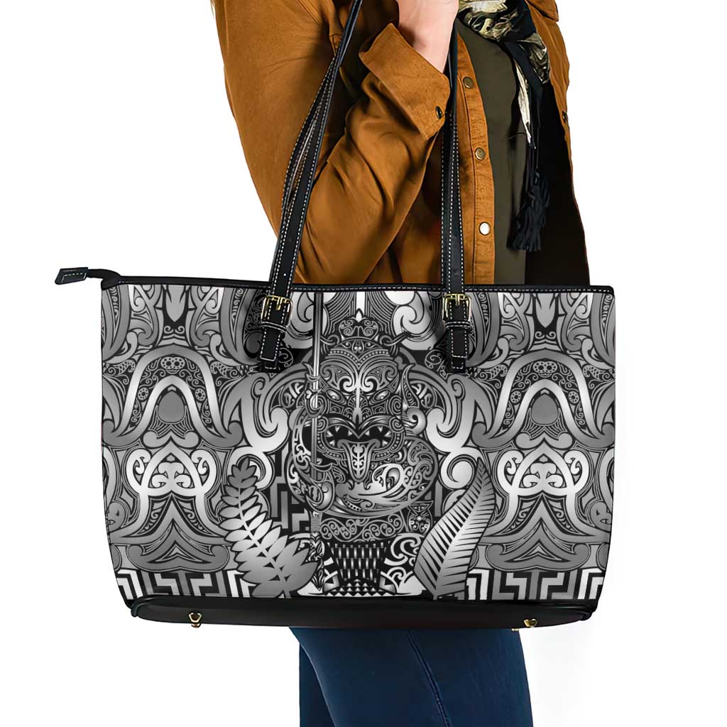 New Zealand Taiaha Maori Leather Tote Bag Kiwikiwi Minimalist Silver Fern Tukutuku Motif LT9 - Polynesian Pride