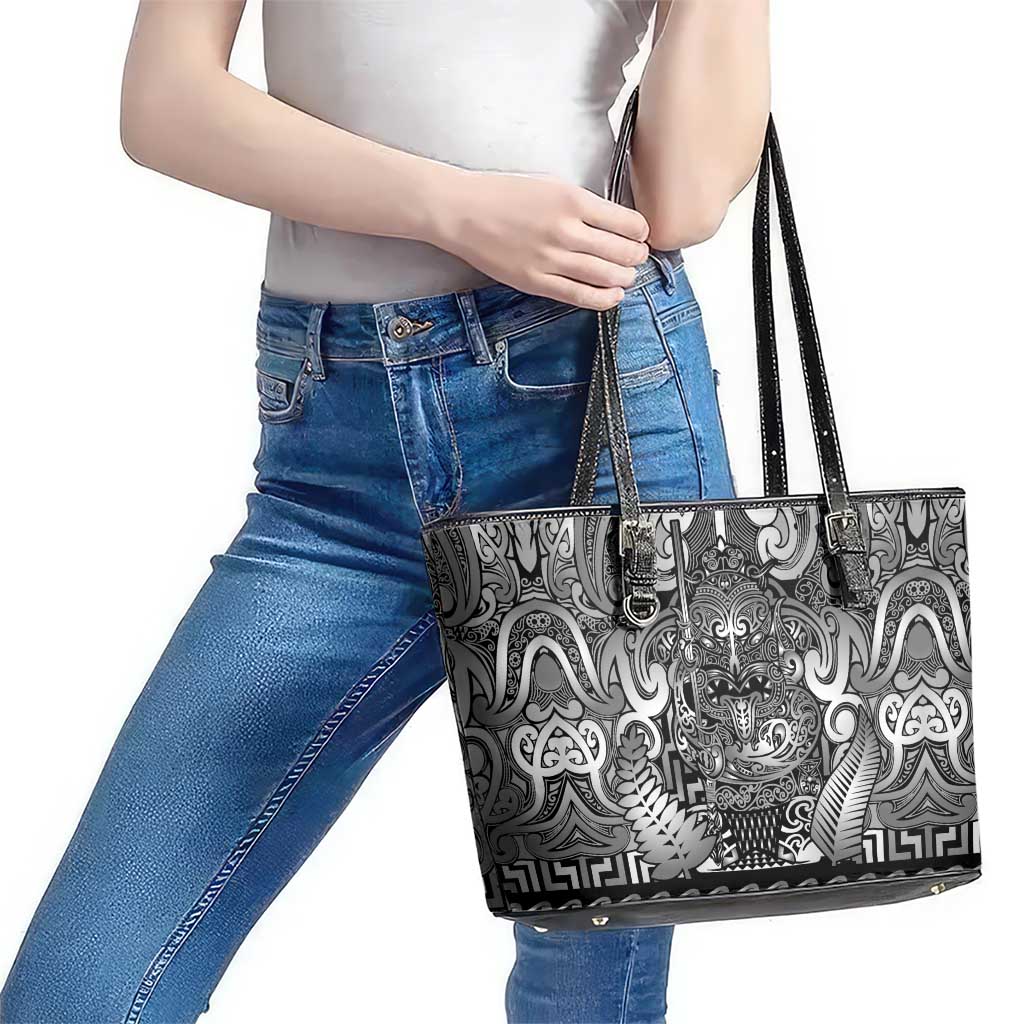 New Zealand Taiaha Maori Leather Tote Bag Kiwikiwi Minimalist Silver Fern Tukutuku Motif LT9 - Polynesian Pride