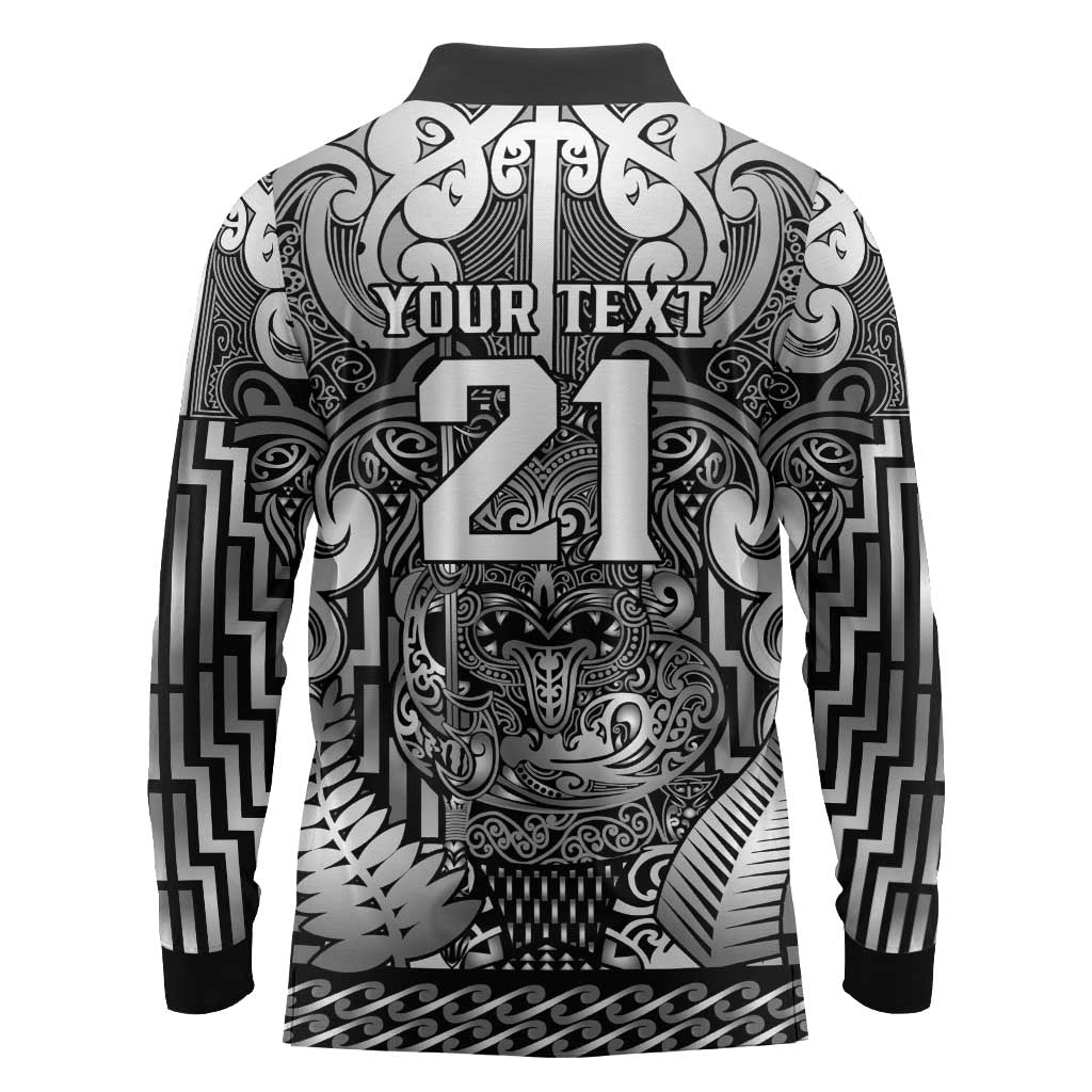 Custom New Zealand Taiaha Maori Long Sleeve Polo Shirt Kiwikiwi Minimalist Silver Fern Tukutuku Motif LT9 - Polynesian Pride
