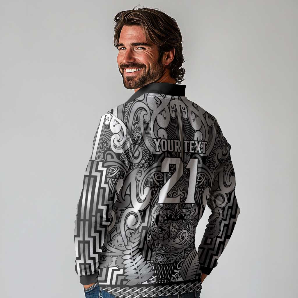 Custom New Zealand Taiaha Maori Long Sleeve Polo Shirt Kiwikiwi Minimalist Silver Fern Tukutuku Motif LT9 - Polynesian Pride
