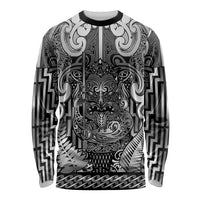 Custom New Zealand Taiaha Maori Long Sleeve Shirt Kiwikiwi Minimalist Silver Fern Tukutuku Motif LT9 Unisex White - Polynesian Pride