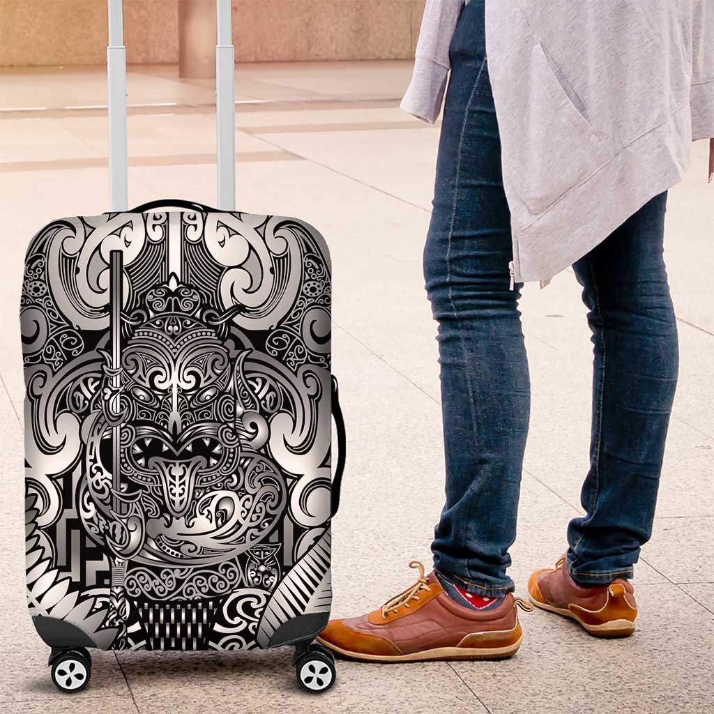New Zealand Taiaha Maori Luggage Cover Kiwikiwi Minimalist Silver Fern Tukutuku Motif LT9 White - Polynesian Pride