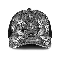 New Zealand Taiaha Maori Mesh Trucker Cap Kiwikiwi Minimalist Silver Fern Tukutuku Motif LT9 One Size Black White - Polynesian Pride