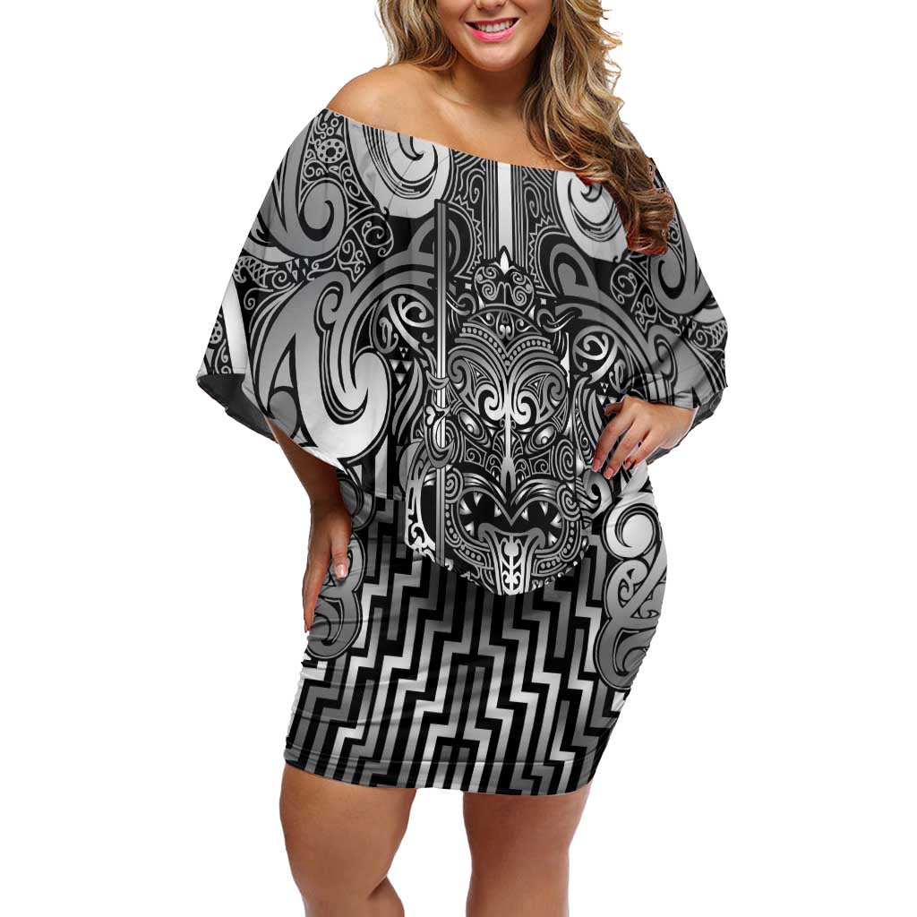 Custom New Zealand Taiaha Maori Off Shoulder Short Dress Kiwikiwi Minimalist Silver Fern Tukutuku Motif LT9 Women White - Polynesian Pride