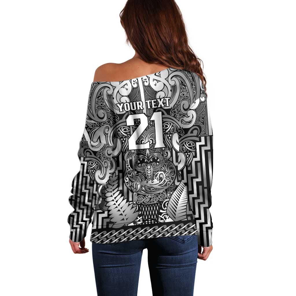 Custom New Zealand Taiaha Maori Off Shoulder Sweater Kiwikiwi Minimalist Silver Fern Tukutuku Motif LT9 - Polynesian Pride