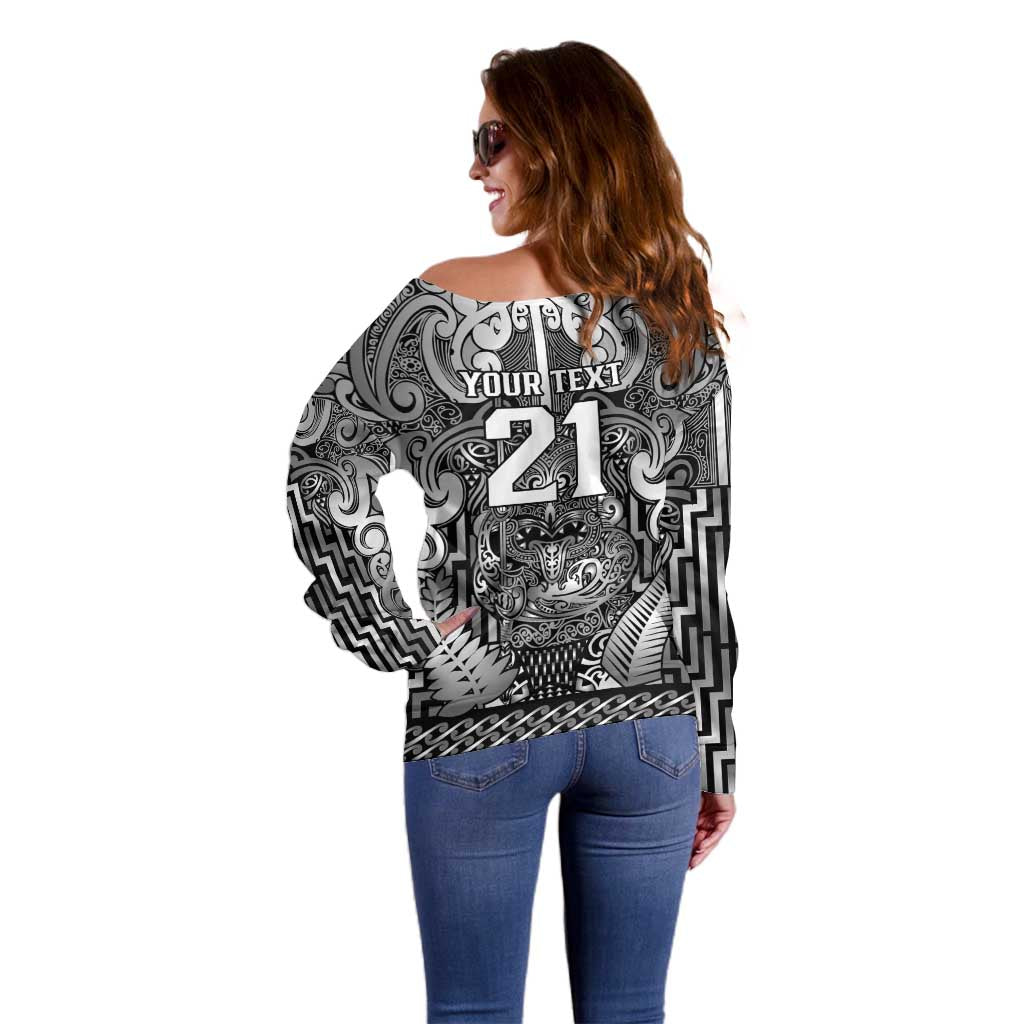 Custom New Zealand Taiaha Maori Off Shoulder Sweater Kiwikiwi Minimalist Silver Fern Tukutuku Motif LT9 - Polynesian Pride
