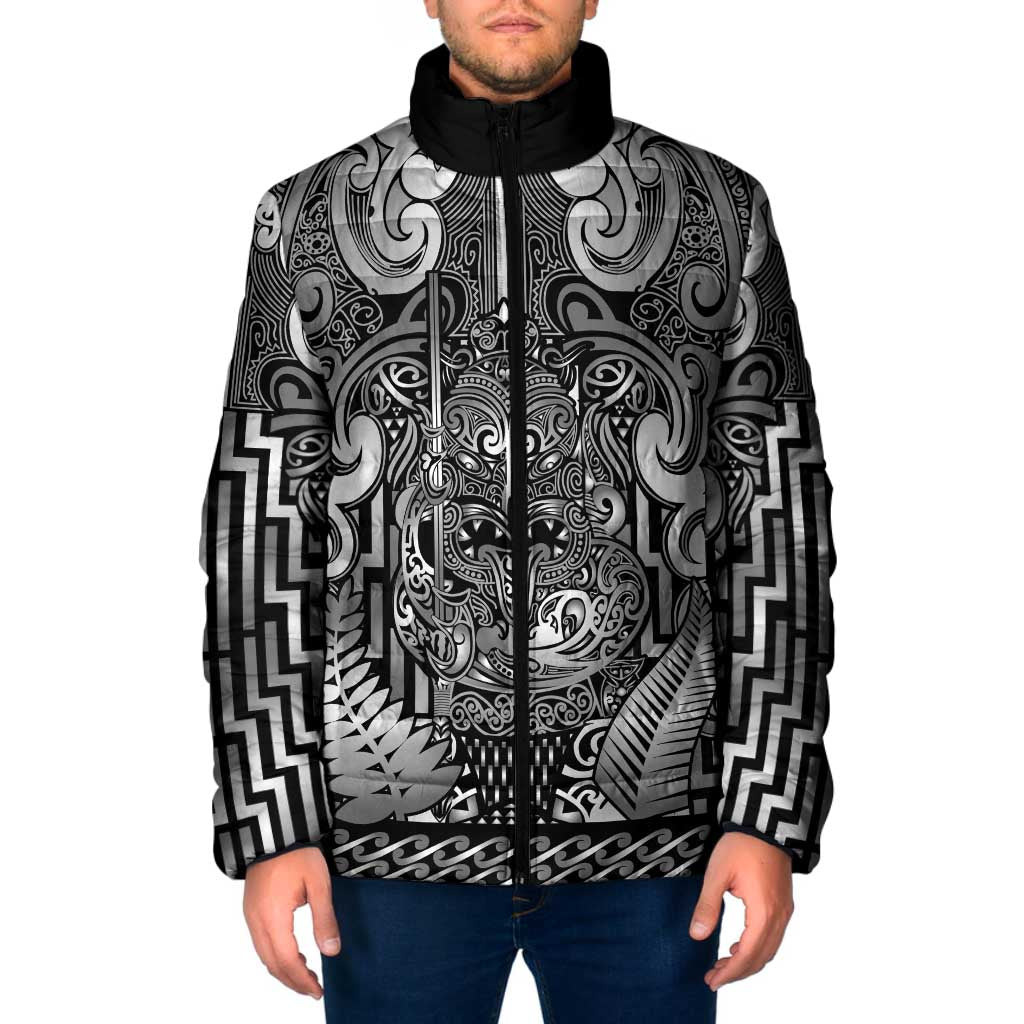 Custom New Zealand Taiaha Maori Padded Jacket Kiwikiwi Minimalist Silver Fern Tukutuku Motif LT9 Men White - Polynesian Pride