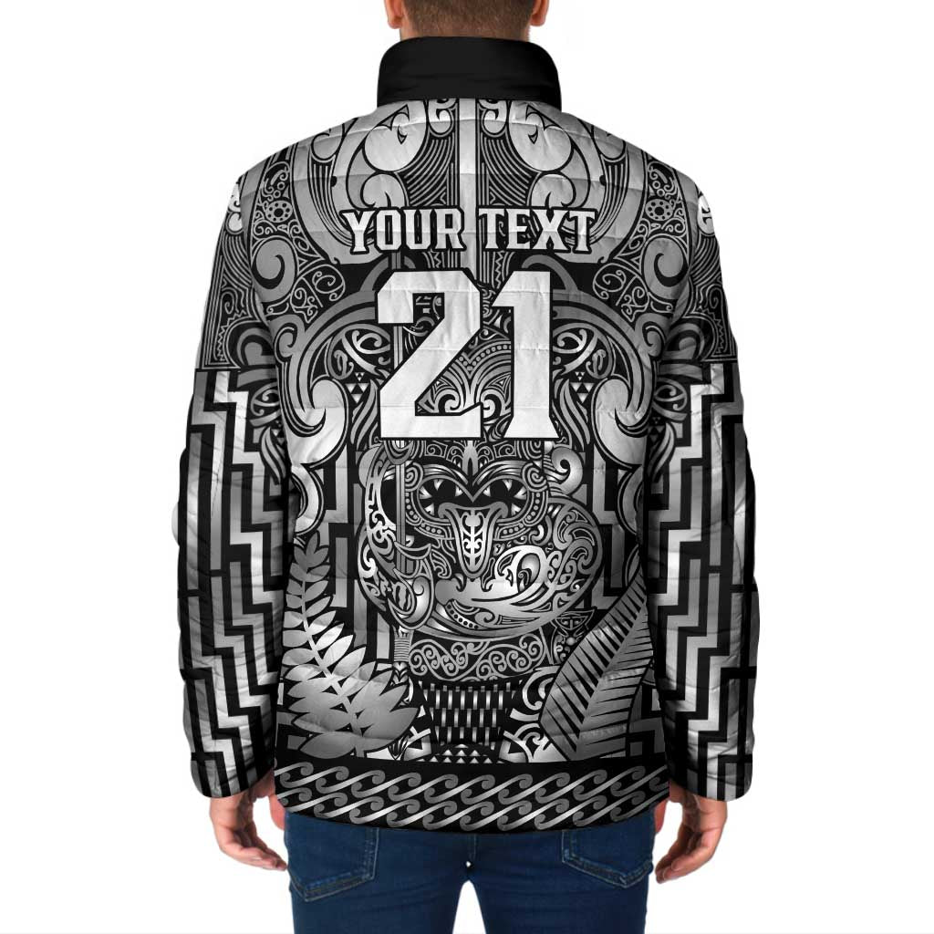 Custom New Zealand Taiaha Maori Padded Jacket Kiwikiwi Minimalist Silver Fern Tukutuku Motif LT9 - Polynesian Pride