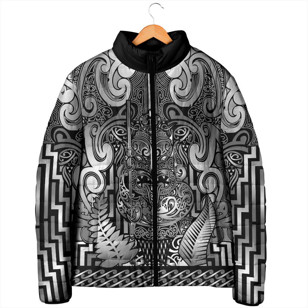 Custom New Zealand Taiaha Maori Padded Jacket Kiwikiwi Minimalist Silver Fern Tukutuku Motif LT9 - Polynesian Pride